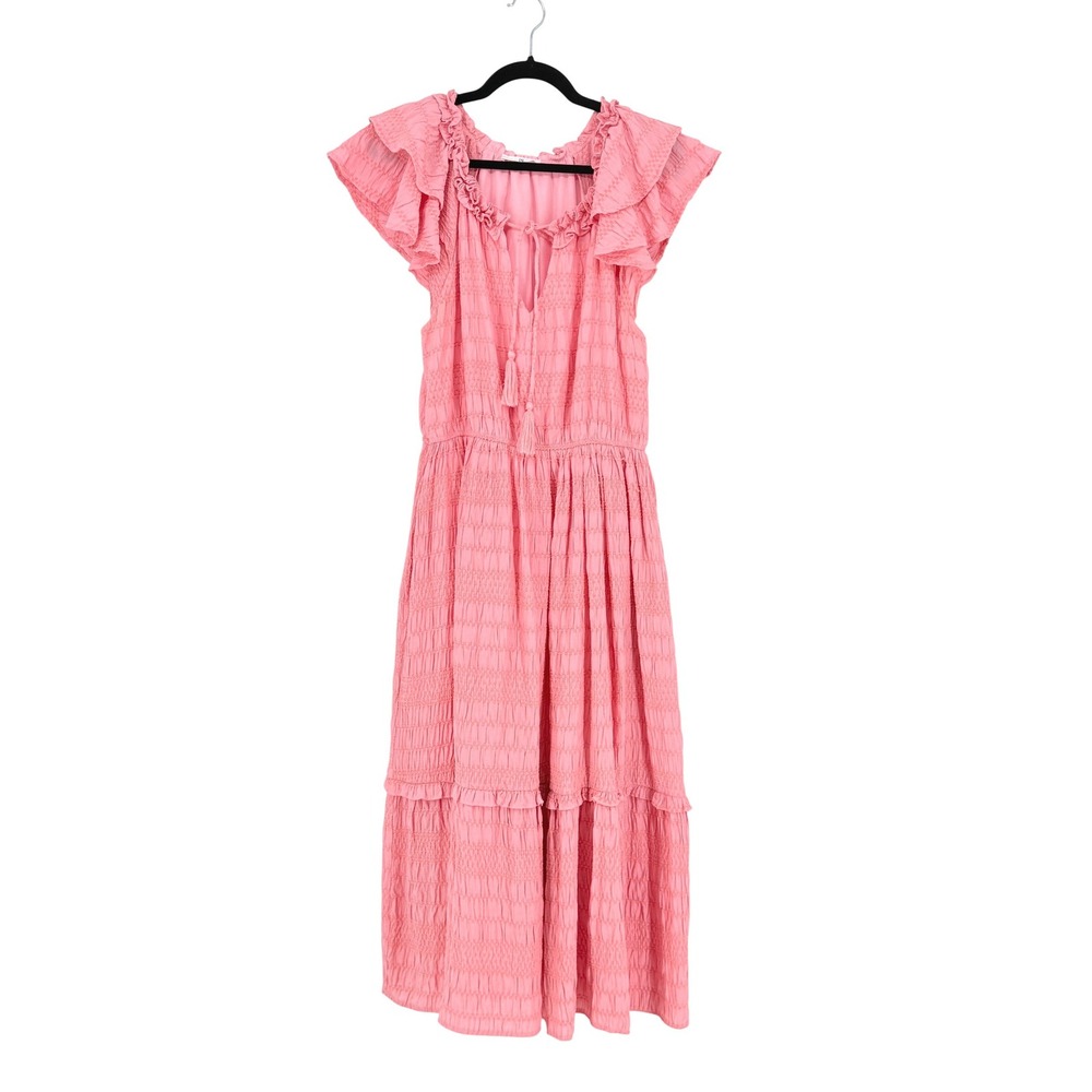 12th Tribe Womens Pink Embroidered Ruffle Flutter Tiered Midi Dress Flowy Boho
